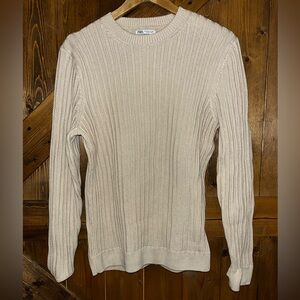 Zara Cream Crewneck Sweater with Cable-Knit Design